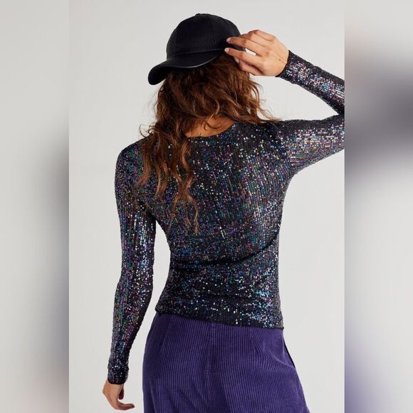 NWOT Free People Gold Rush Long Sleeve in Black Combo Sz Small and Medium Sequin - Picture 3 of 7